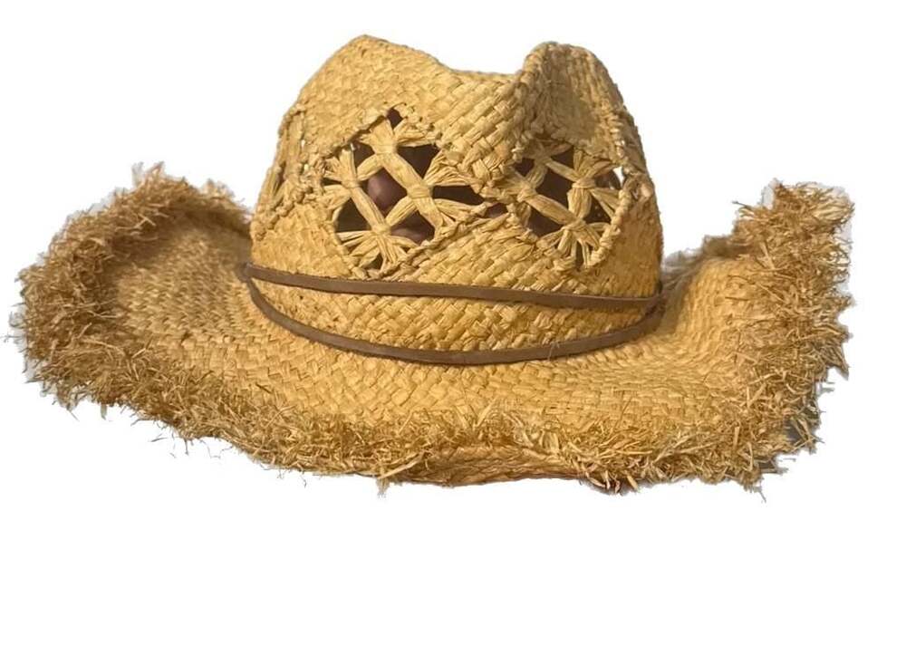 Scala Western Style Raffia Straw Cowboy Hat with Frayed Brim Size L/XL
